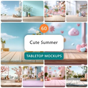 May include: A collage of images featuring various tabletop mockups with a summer theme. The central image displays the text "Cute Summer" and "Tabletop Mockups" against a blue sky backdrop. Other images showcase wooden tables with decorative elements.