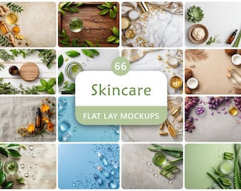 66 Skin Care Flat Lay Mockups Digital Background Bundle for Product Showcase
