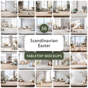 Puede incluir: Una colección de 36 maquetas de mesa con temática de Pascua escandinava. Las imágenes presentan mesas de madera, huevos de Pascua y arreglos florales. El texto de la imagen dice "Scandinavian Easter" y "Tabletop Mockups".