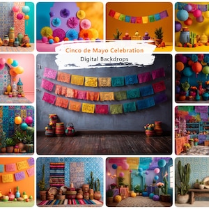 May include: A collection of digital backdrops for a Cinco de Mayo celebration. The images feature colorful decorations, including papel picado banners, balloons, lanterns, and pottery. The backdrops are vibrant and festive, with a variety of scenes.
