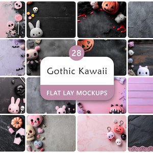 May include: A collection of 28 flat lay mockups featuring various themed elements including skulls, pumpkins, bats, and plush figures arranged on diverse textures like wood, marble, and stone, with the text 28 Gothic Kawaii FLAT LAY MOCKUPS.