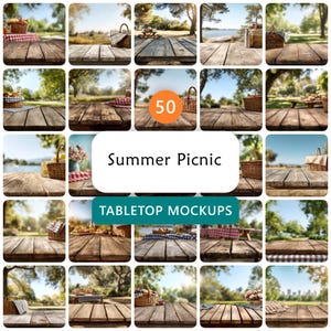 May include: A collage of 25 images featuring wooden tabletops with picnic baskets, food, and outdoor settings. The text "Summer Picnic" and "Tabletop Mockups" are displayed.