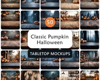 Classic Pumpkin Halloween Tabletop Backdrop Mockups – 50 Background Bundle