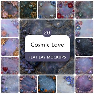 Puede incluir: Una colección de 20 maquetas de diseño plano con temática de amor cósmico. Cada maqueta presenta un diseño único con detalles florales y de corazón, en tonos morados, azules y dorados. El texto "Cosmic Love" y "Flat Lay Mockups" está incluido.