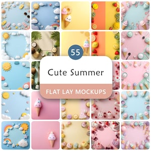 May include: A collection of 25 flat lay mockups with a cute summer theme. The images feature various colorful backgrounds, including blue, pink, and yellow, adorned with ice cream cones, fruits, and other summer-themed elements. Text on the image reads "Cute Summer" and "Flat Lay Mockups."
