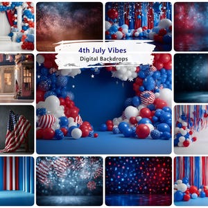 Può includere: Una collezione di sfondi digitali a tema patriottico. Le immagini presentano palloncini rossi, bianchi e blu, bandiere americane e fuochi d'artificio. Il testo sull'immagine recita "4th July Vibes Digital Backdrops."