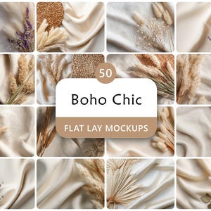 Puede incluir: Una colección de 50 maquetas Boho Chic en diseño plano. La imagen presenta una cuadrícula de composiciones cuadradas con tela color crema, plantas secas y elementos tejidos. El texto "Boho Chic" y "Flat Lay Mockups" se muestra en una etiqueta blanca y marrón.