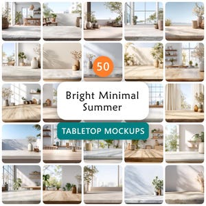 Könnte beinhalten: Eine Collage von 25 Bildern, die Tischplatten-Mockups mit einer hellen, minimalistischen und sommerlichen Ästhetik zeigen. Die Bilder zeigen verschiedene Oberflächen, Pflanzen und Vasen. Text beinhaltet "Bright Minimal Summer" und "Tabletop Mockups."