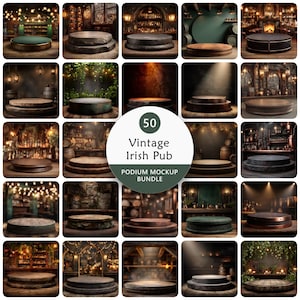 May include: A collection of 50 vintage Irish pub podium mockup bundles. The image features various podiums with different textures and designs, set against the backdrop of a classic Irish pub interior. The podiums are made of stone, wood, and metal.