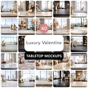 May include: A collage of 24 images showcasing luxury tabletop mockups. The images feature various table settings with vases, candles, and floral arrangements. The text "Luxury Valentine" and "TABLETOP MOCKUPS" are displayed.