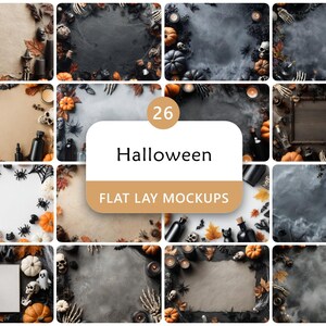 Puede incluir: Una colección de 26 maquetas de diseño plano de Halloween con varios fondos oscuros y festivos. Las imágenes incluyen elementos decorativos como calaveras, calabazas, hojas de otoño, arañas, velas y humo, rodeando espacios centrales vacíos.
