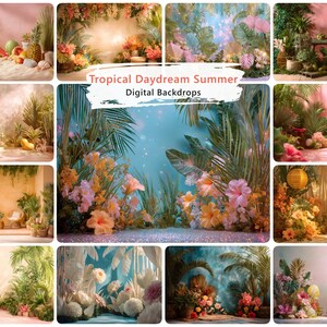 Peut inclure: Une collection de douze arrière-plans numériques intitulée Tropical Daydream Summer Digital Backdrops, présentant diverses scènes de feuillage tropical luxuriant, de fleurs vibrantes, de feuilles de palmier et de plages de sable.
