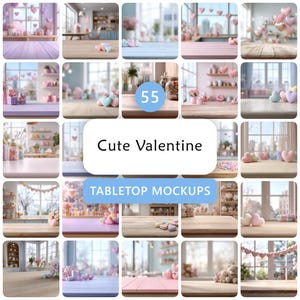 Puede incluir: Una colección de maquetas de mesa con temática de San Valentín. La imagen presenta varias escenas con colores pastel, decoraciones en forma de corazón y el texto "Cute Valentine" y "Tabletop Mockups".