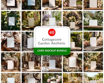 Puede incluir: Un collage de 20 imágenes con tarjetas blancas en blanco en varios entornos al aire libre con elementos florales y naturales. El texto de la imagen dice "40 Cottagecore Garden Aesthetic Card Mockup Bundle."