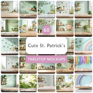 Può includere: Un collage di 25 mockup da tavolo a tema San Patrizio. Ogni mockup presenta una superficie in legno con elementi decorativi come arcobaleni, trifogli e figure di folletti. Il testo "Cute St. Patrick's Tabletop Mockups" è visibile.