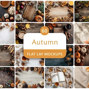 Puede incluir: Una colección de 60 maquetas de diseño plano de otoño con diversos arreglos estacionales. Las imágenes muestran calabazas, hojas secas, piñas, tablas de madera, libros y bebidas calientes sobre diversas texturas como madera, tela y piedra.