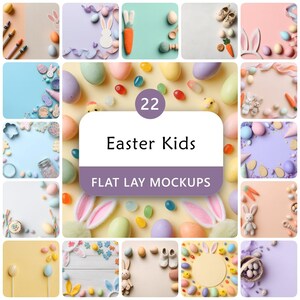 Könnte beinhalten: Eine Sammlung von Ostern-Themen-Flat-Lay-Mockups. Das Bild zeigt verschiedene pastellfarbene Eier, Süßigkeiten und dekorative Elemente wie Hasenohren und Karotten. Der Text "Easter Kids" und "Flat Lay Mockups" wird auf einem weißen und lila Hintergrund angezeigt.