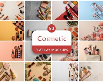 50 Cosmetic Flat Lay Mockups Digital Background Bundle for Product Showcase