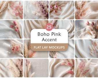 25 Boho Pink Accent Flat Lay Mockups Digital Background Bundle for Product Showcase