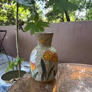 Rabbit Vase, Handmade Jingdezhen Pottery, Hand-Painted Bunny & Flower, Cottagecore Decor, Rustic Farmhouse Ceramic Vase, Easter Gift