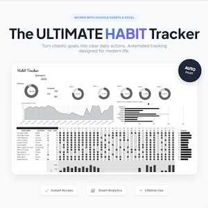 May include: A digital habit tracker with the title "The ULTIMATE HABIT Tracker" and the text "Turn chaotic goals into clear daily actions. Automated tracking designed for modern life." The tracker includes charts and graphs.