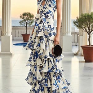 Floral Halter Maxi Dress Blue | Lolita Swing Dress | Summer Vacation Strappy Beach