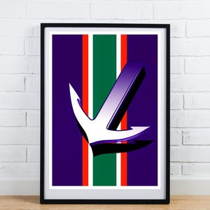 May include: Framed art print with an anchor design. The artwork displays a white anchor against a backdrop of vertical stripes in purple, green, and red. The anchor has a 3D effect with purple and black shading.