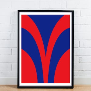 May include: Framed abstract art print featuring a bold design. The artwork showcases a vibrant composition of red and blue curved shapes against a white background. The black frame adds a modern touch to the overall aesthetic.