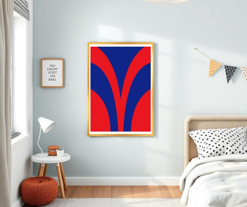May include: A framed abstract art print featuring a bold design of red and blue curved shapes. The artwork is displayed in a gold frame, adding a touch of elegance. The print is a vibrant piece of wall decor.