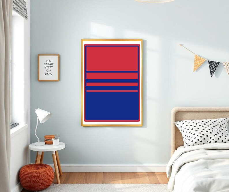 May include: A framed abstract art print with a red and blue colour block design. The artwork features a gold frame and is displayed on a light blue wall. The print has horizontal stripes.