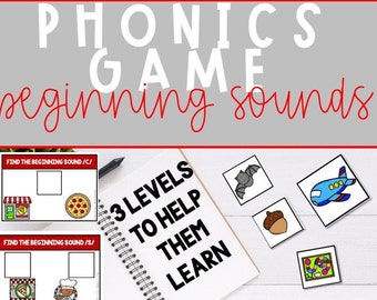 May include: A phonics game for kids with three levels to help them learn beginning sounds. The game features images of a pizza, a store, a bat, an airplane, an acorn, and a chef. The text on the cards says "Find the beginning sound /c/" and "Find the beginning sound /s/"