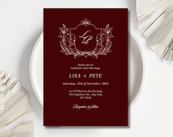 Minimalist Old Money Wedding Invitation Suite Template, Elegant Red and Brown Invitation, Timeless Wedding Invite, Instant Download