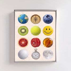 May include: A framed wall art print featuring a grid of twelve circular objects: a globe, a gold compass, a blueberry, a kiwi slice, a tennis ball, a yellow smiley face, a blood orange slice, a red yo-yo with the text VINTAGE YO-YO, a marble, a golf ball, a silver pocket watch, and the moon.