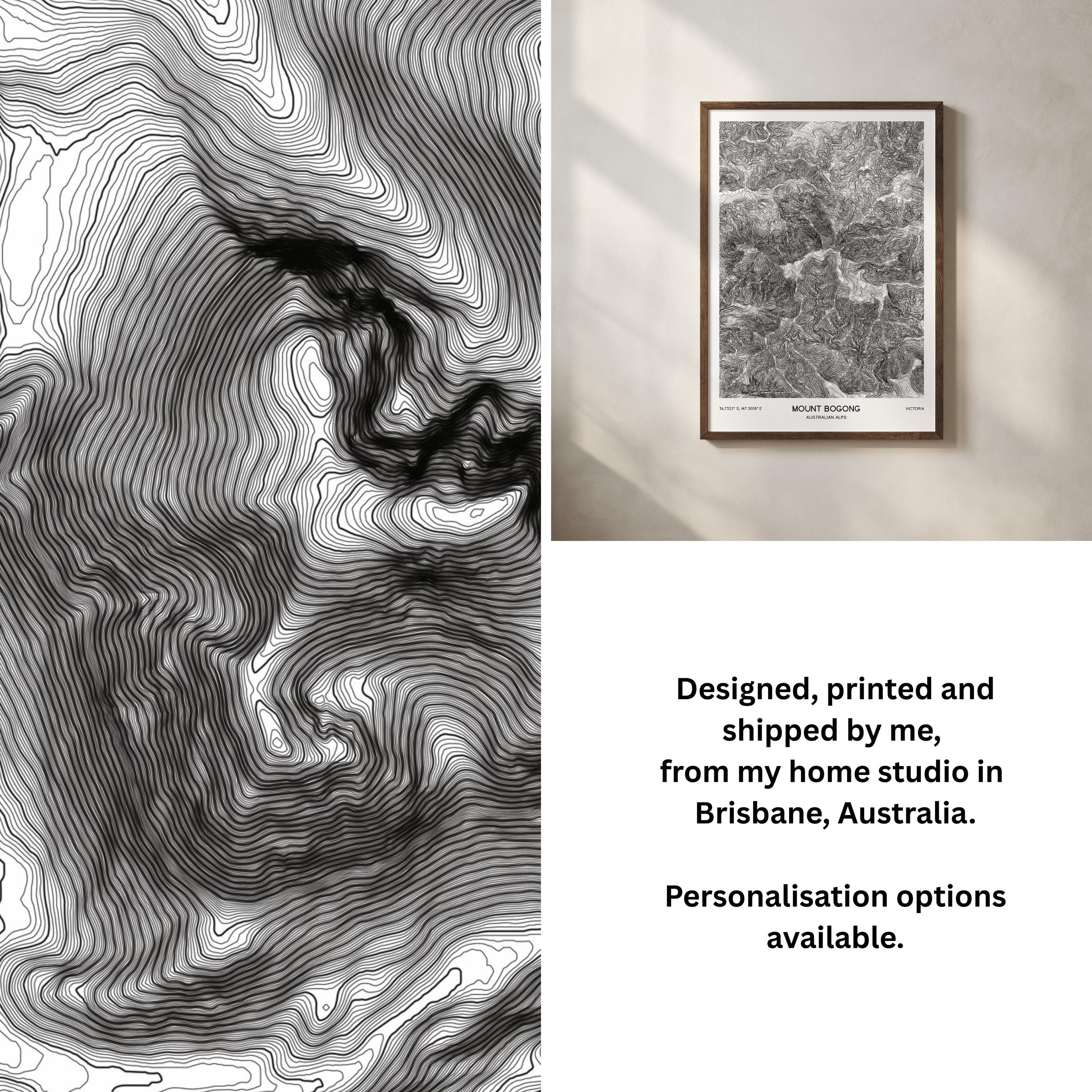 Frenchmans Cap Contour Map | Black and White Tasmania Print ...