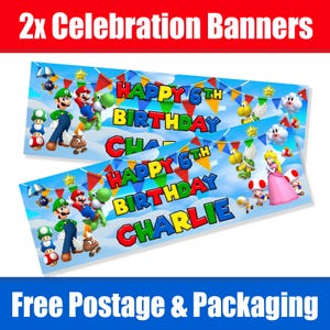 May include: Two rectangular celebration banners featuring a blue sky background with colourful bunting. The text reads Happy 6th Birthday Charlie. Characters include Mario, Luigi, Yoshi, Princess Peach, Toad, and various game items like mushrooms.