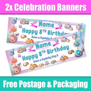 May include: Two rectangular celebration banners featuring a gradient background with cartoon dumpling characters. The text reads Name, Happy 8th Birthday, and Have a Squishy Day. The design includes colourful confetti and various small dumpling illustrations.