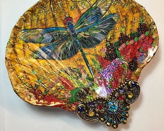 Decoupaged Dragonfly Shell Jewelry Dish with Rhinestones