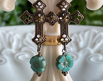 Brass Cross And Turquoise Cross Dangle Earrings