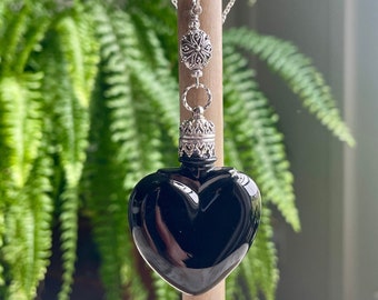 Vintage Black Glass And Sterling Silver Perfume Potion Bottle Necklace Essential Oil Necklace
