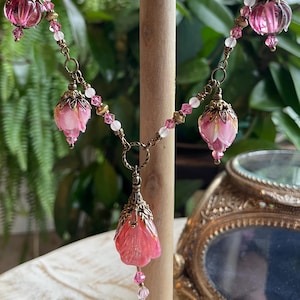 Lampwork Glass Flower Pendant Necklace: Pink Czech Swarovski Beads