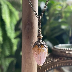 Pink Rosebud Lampwork Glass Flower Necklace - Bronze Chain