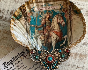 Sagittarius Zodiac Decoupaged Shell Ring, Jewelry, Trinket Dish