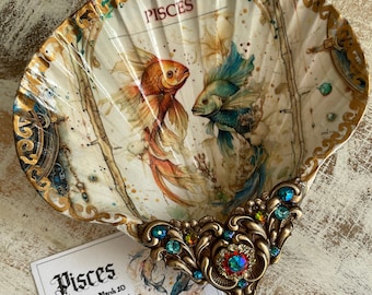 Pisces Zodiac Decoupaged Shell Ring, Jewelry, Trinket Dish