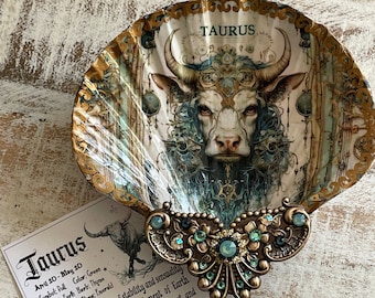 Anillo de concha de Tauro con decoupage, joya, plato de baratijas