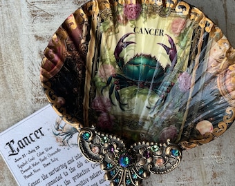 Cancer Zodiac Decoupaged Shell Ring, Jewelry, Trinket Dish