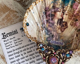 Anillo de concha decoupage del zodiaco Géminis, joyería, plato de baratijas
