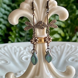 Brass Dragonfly And Leaf Earrings