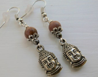 Silver Buddha And Natural Stone Earrings