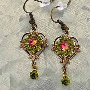 Olivine Cluster Swarovski And Brass Filigree Crystal Earrings