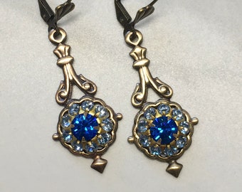 Capri Blue And Light Sapphire Cluster Swarovski And Brass Filigree Crystal Earrings